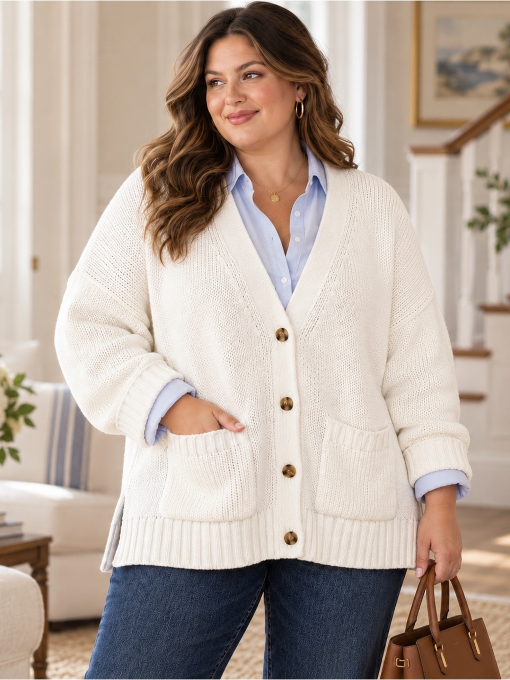 J.Crew 2X Ivory 100% Cotton V-Neck Cardigan Oversized Chunky Knit